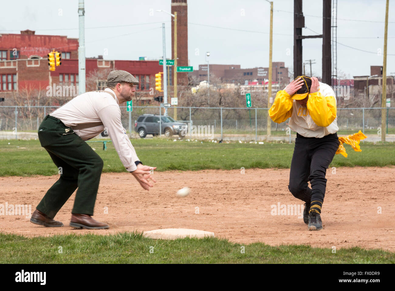 Detroit, Michigan USA - 9 April 2016 - A vintage base ball game, with rules and uniforms from the 1860s, is played to say farewell to Navin Field. As Navin Field and later Tiger Stadium, the field was home to the Detroit Tigers from 1912-1999. Since then, the field has been maintained by volunteers; it will now be redeveloped as a retail and residential complex with a playing field for youth sports. Credit:  Jim West/Alamy Live News Stock Photo