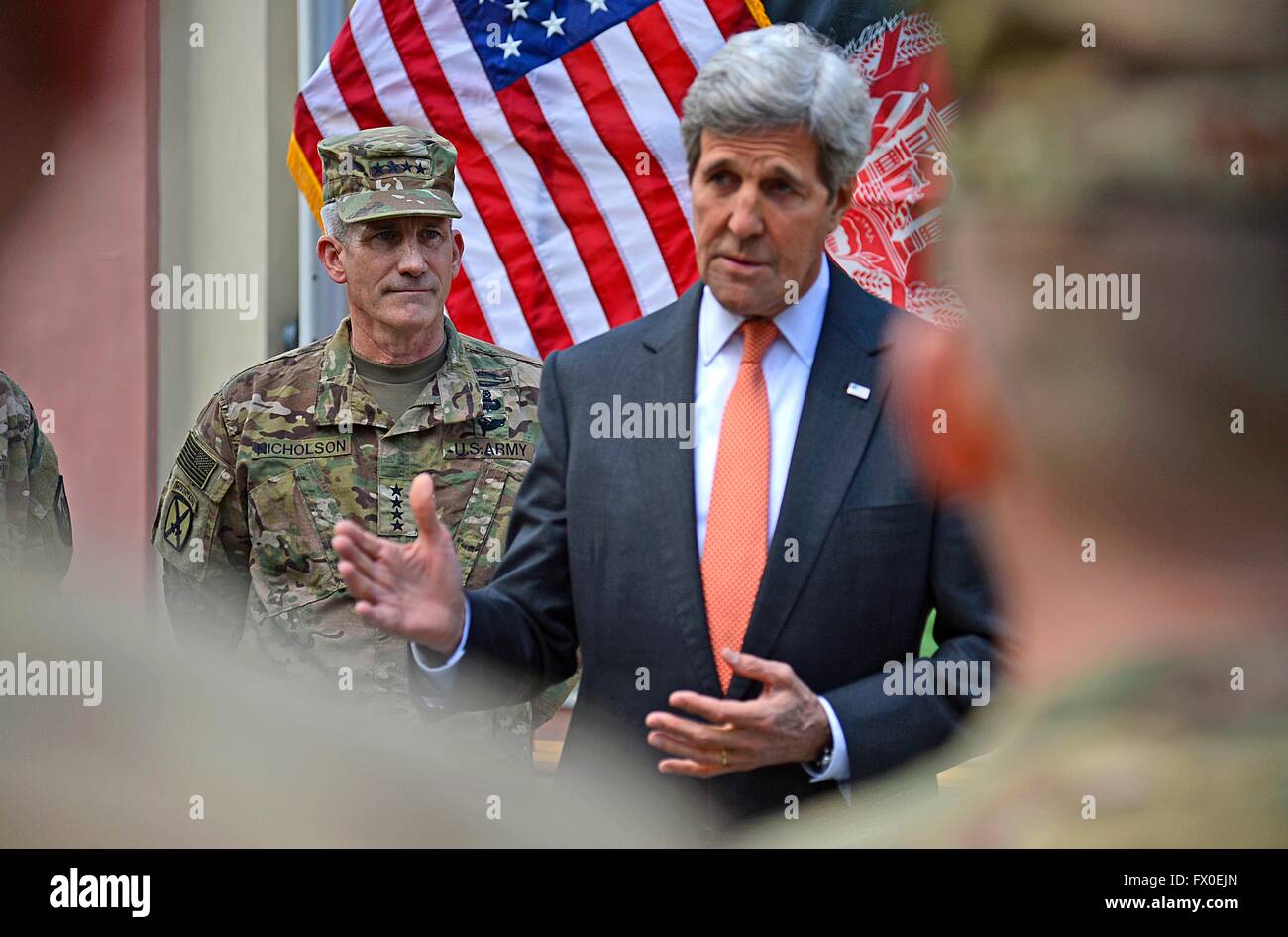 Kabul, Afghanistan. 9th April, 2016. U.S Secretary of State John Kerry alongside Gen. John Nicholson, Commander of the U.S. Forces, talks with service members at Camp Resolute Support April 9, 2016 in Kabul, Afghanistan. Kerry made a surprise visit to Kabul to meet with government leaders and U.S. Armed Forces commanders. Credit:  Planetpix/Alamy Live News Stock Photo