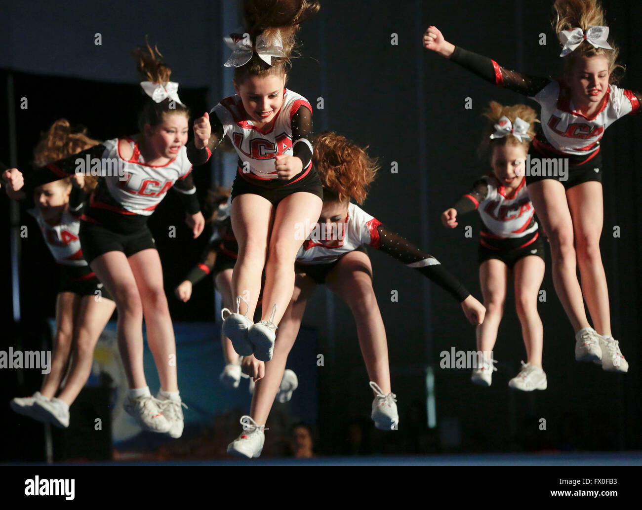 Vancouver, Canada. 9th Apr, 2016. Young cheerleaders perform on stage
