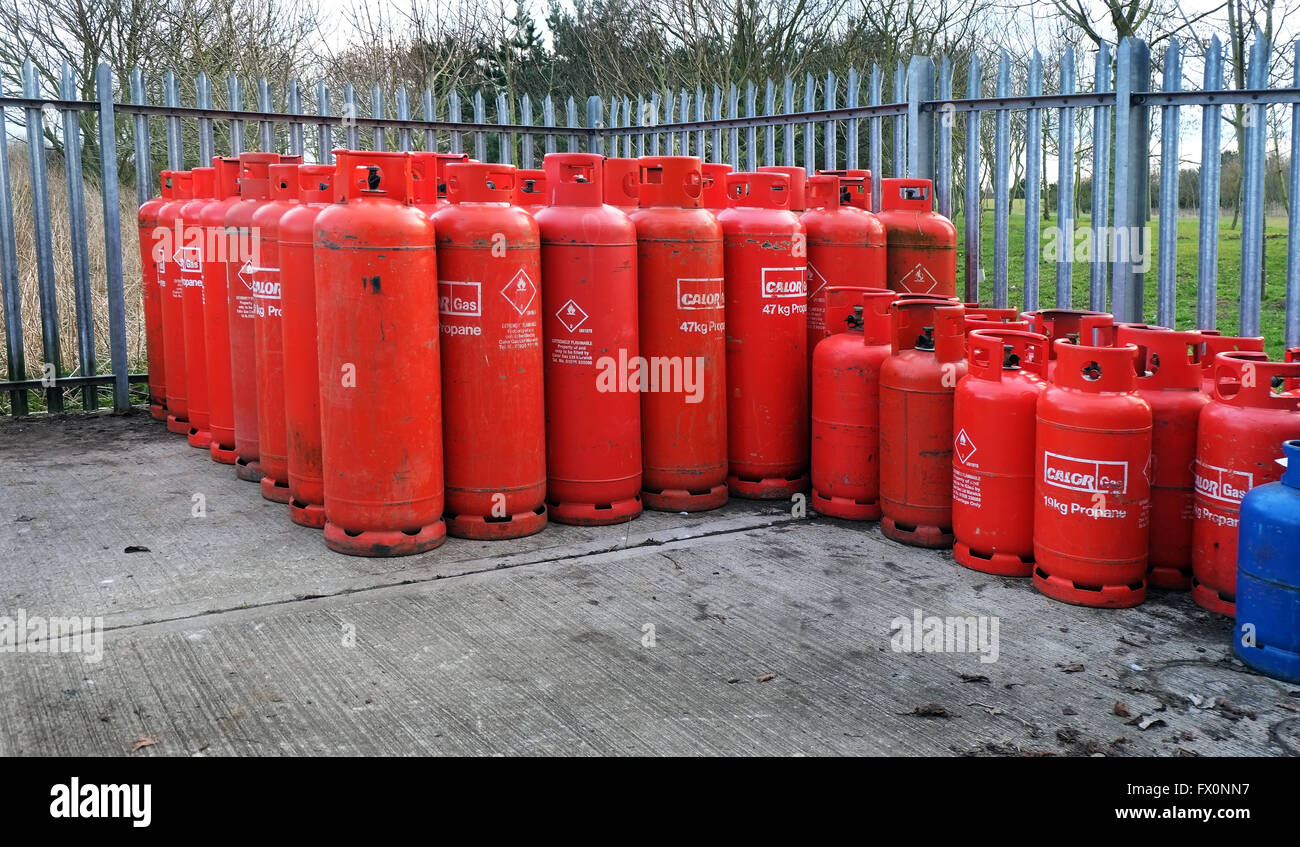 Neat gas bottle storage compound. Stock Photo