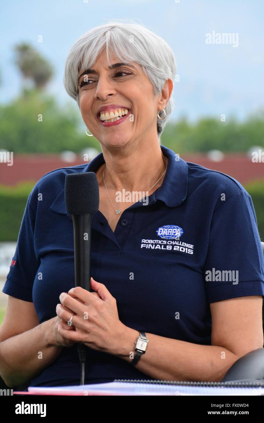 DARPA Director Arati Prabhakar during the Rescue Robot Showdown at Fairplex Fairground June 5, 2015 in Pomona, California. The DARPA event is to challenge teams to design robots that will conduct humanitarian, disaster relief and related operations. Stock Photo