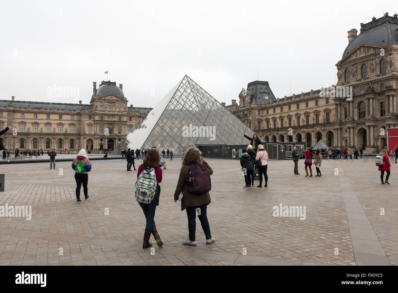 The Louvre Pyramid (Pyramide du Louvre), a large glass and metal pyramid in front of Louvre Museum, Paris, France. Stock Photo