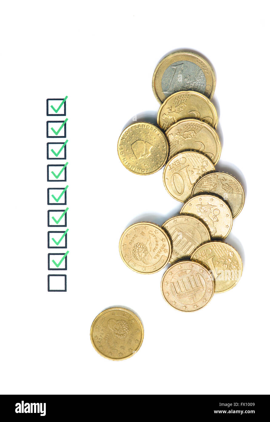 Questionnaire business concept and several euro coins. Stock Photo