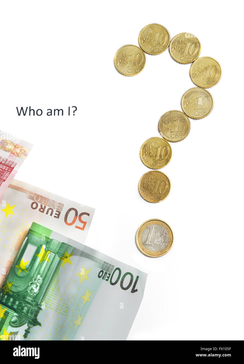 Who am I? Business concept with money isolated on white background. Stock Photo