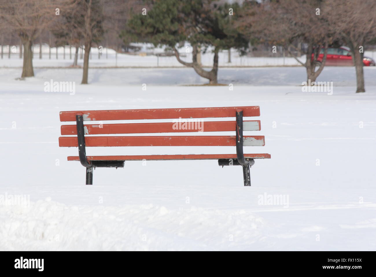 Vacant park bench in a snow filled park during the winter season Stock ...