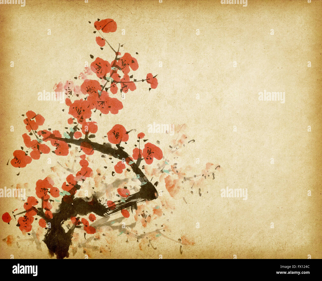 Traditional chinese painting Spring plum blossom on Old vintage paper background Stock Photo