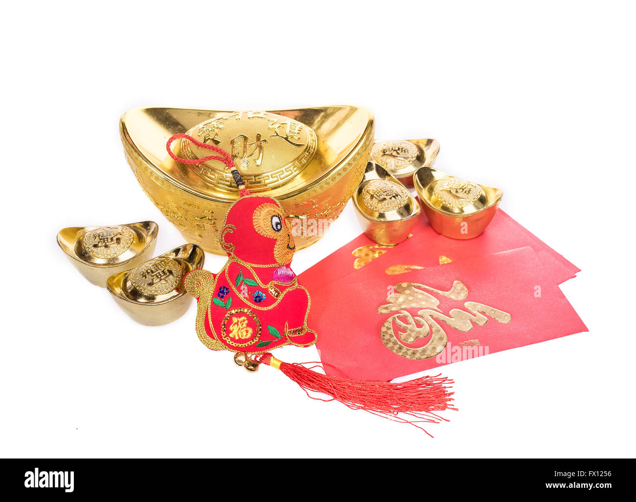 Traditional chinese knot and gold ingot mean symbols of wealth and prosperity,calligraphy fu mean good bless Stock Photo