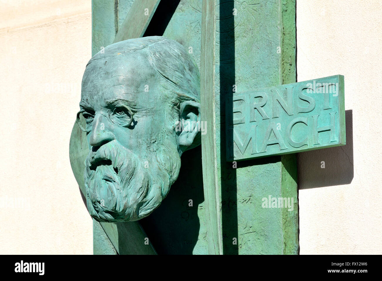 Prague, Czech Republic. Plaque commemorating the 100th anniversary of the death of Ernst Mach - Austrian physicist Stock Photo