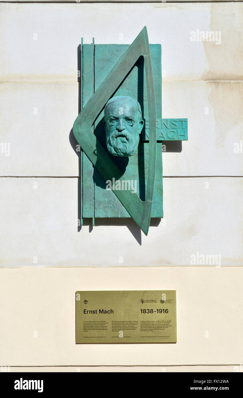 Prague, Czech Republic. Plaque commemorating the 100th anniversary of the death of Ernst Mach - Austrian physicist Stock Photo