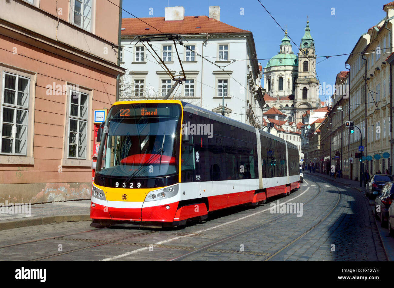 Prague, Czech Republic. Modern tram / streetcar (Skoda 15t4 forcity alfa) in Ujezd (street) Stock Photo