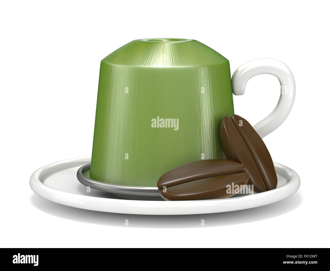 Green coffee capsule with two coffee beans. 3D render, isolated on