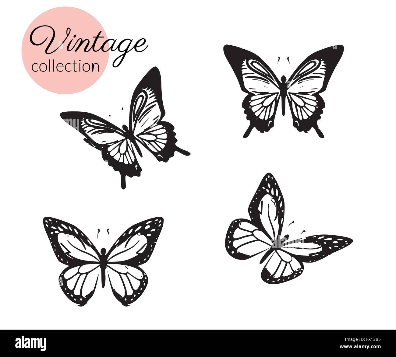 Set of four black and white butterflies silhouette with open wings