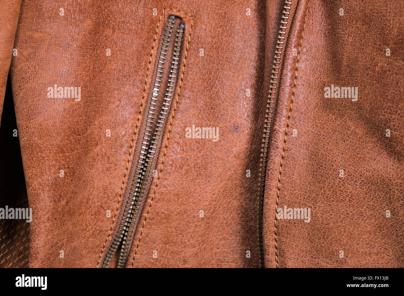 Brown leather motorcyclist jacket, close up detail. Fashion, style and trends Stock Photo
