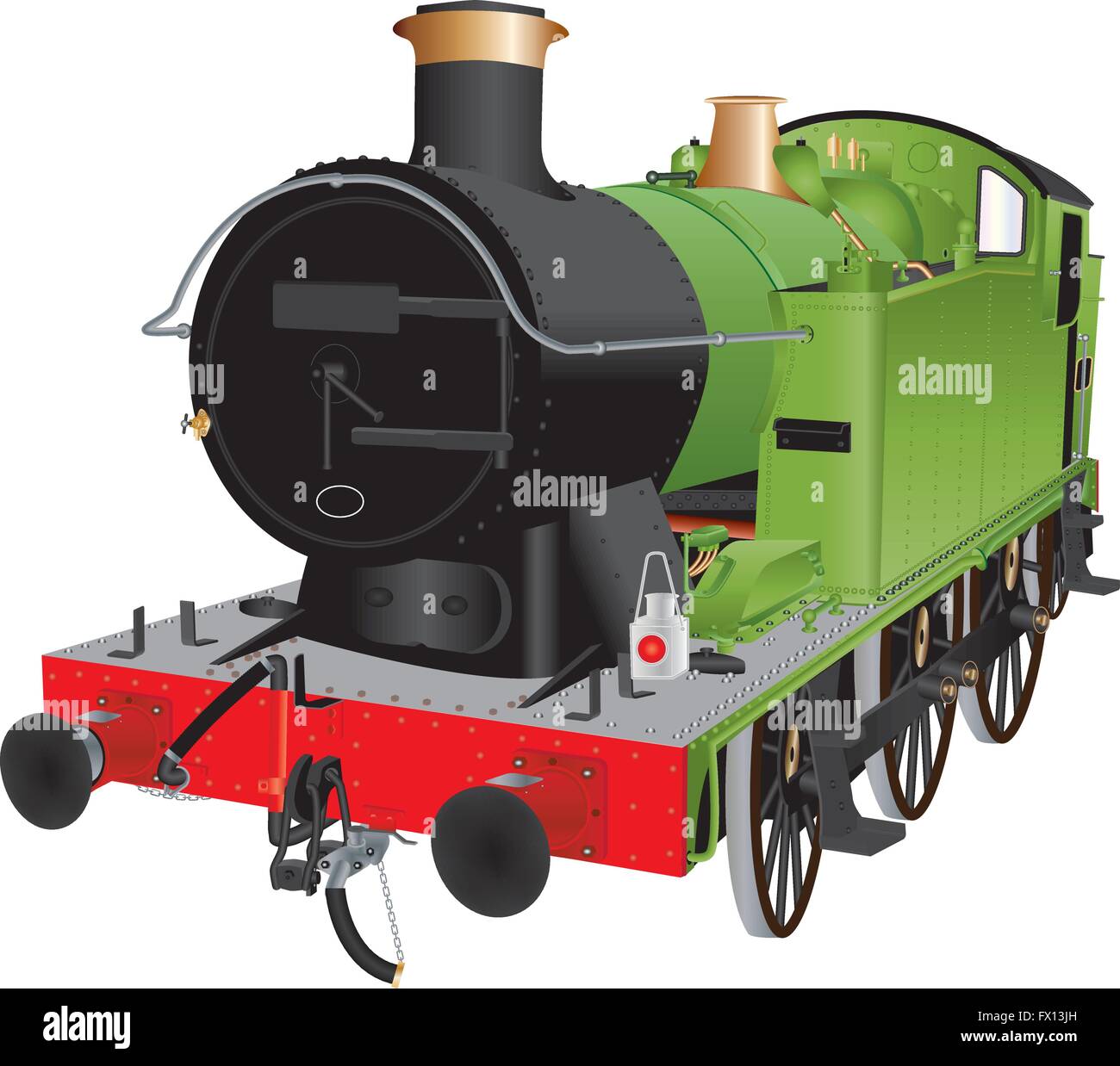 A detailed vector illustration of a veteran Green and Black Steam Shunting Locomotive or Switcher with brass fittings isolated on white Stock Vector