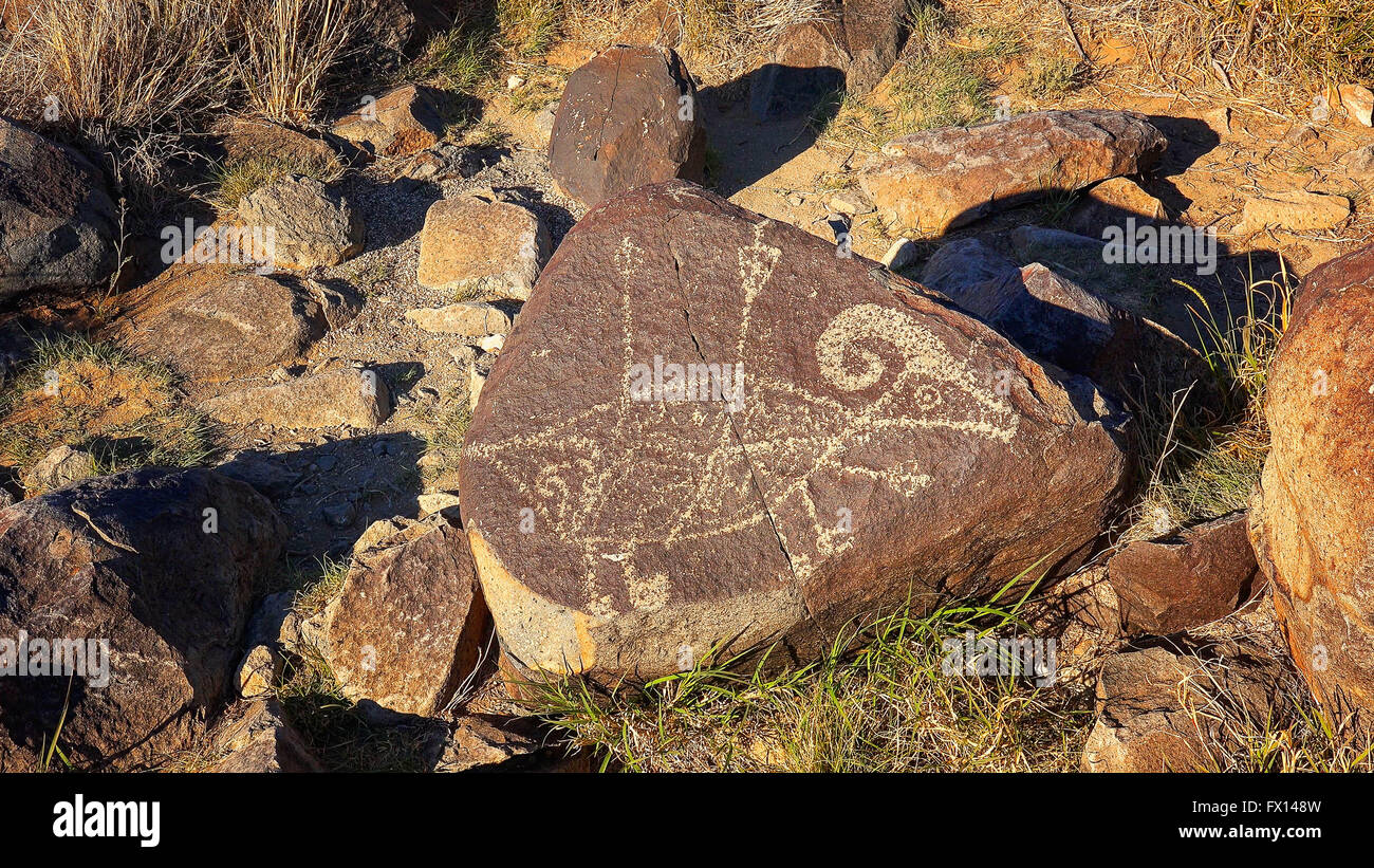 1,000 year old petroglyph carved into rock at Three Rivers Petroglyph Site in New Mexico Stock Photo