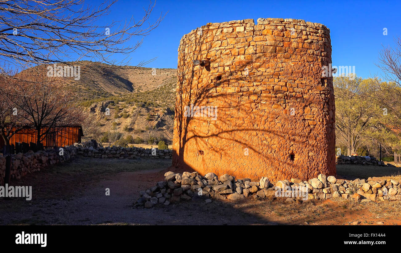The Torreon is an historic rock fort where settlers hid during indian raids in Lincoln, New Mexico in the late 1800's Stock Photo