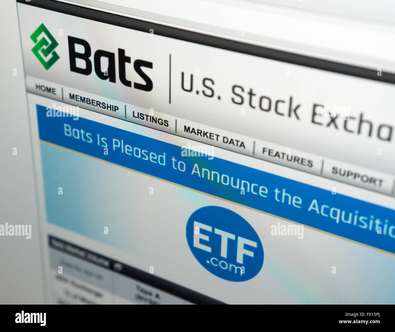 The website of the BATS Global Markets stock trading website, seen on Tuesday, April 5, 2016. The electronic exchange operator announced plans for an IPO with pricing at $17 to $19. BATS attempted an initial public offering in 2012 but technical glitches caused it to cancel its IPO. (© Richard B. Levine) Stock Photo