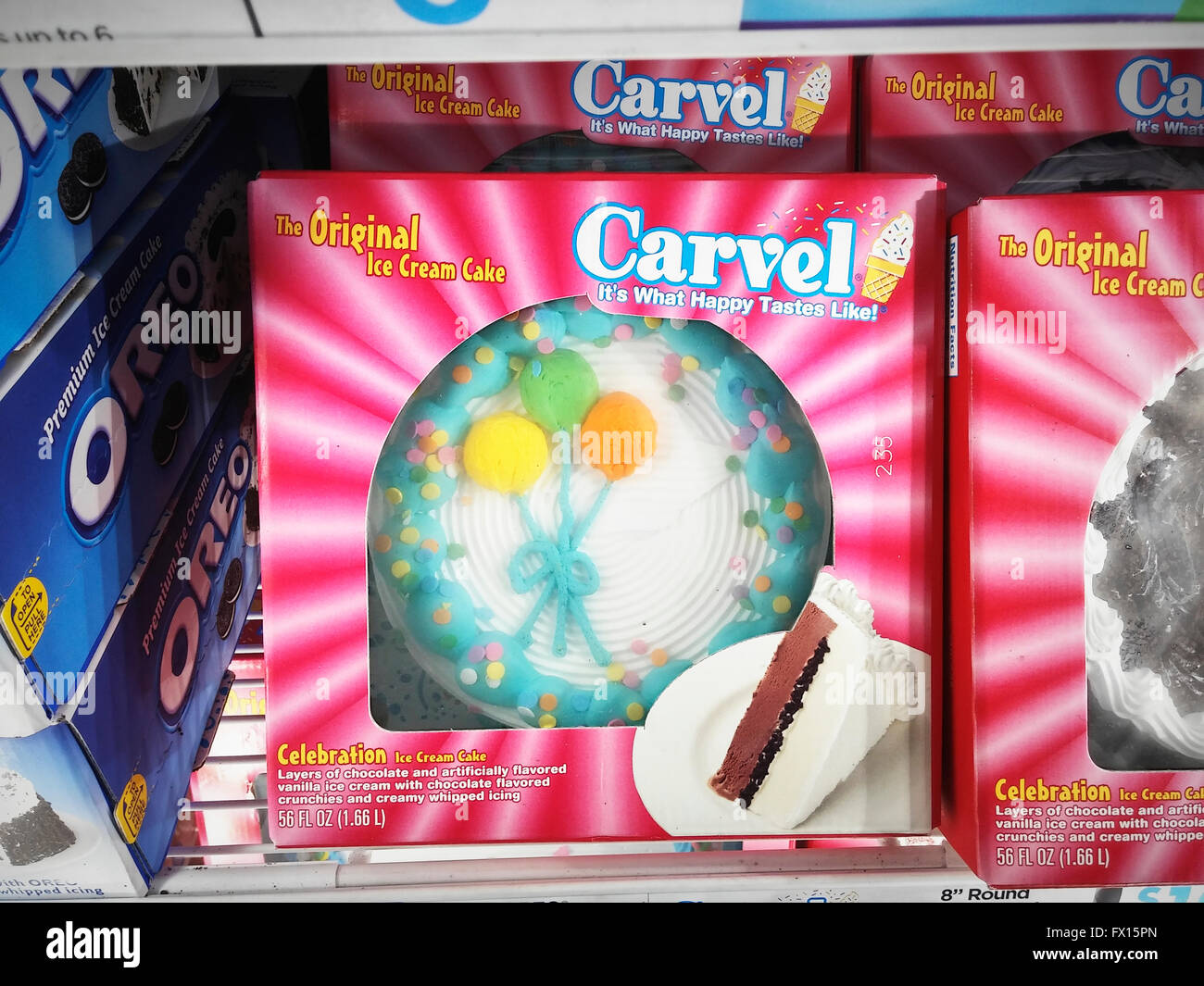 Carvel brand ice cream cakes in a supermarket freezer in New York on