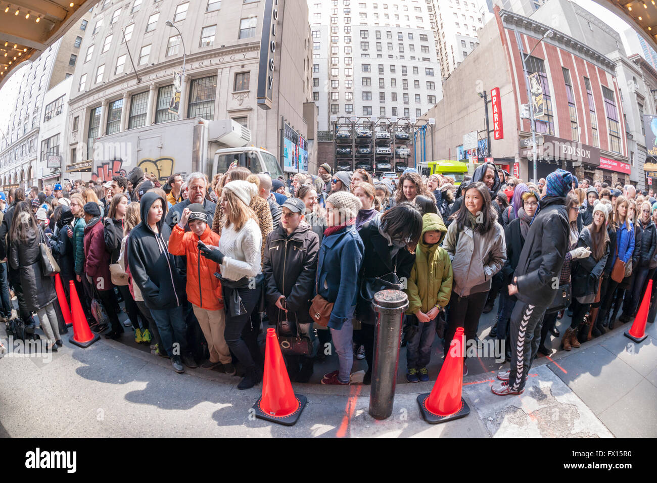 Hundreds of theater lovers in front of the Richard Rodgers Theatre in Times Square in New York on Wednesday, April 6, 2016 for a chance to win one of 22 tickets in the #Ham4Ham lottery for seats for the Broadway blockbuster 'Hamilton'. The $10 live lottery takes place in front of the theater for the Wednesday matinee performance while for the rest of the week's performances the lottery is online. (© Richard B. Levine) Stock Photo