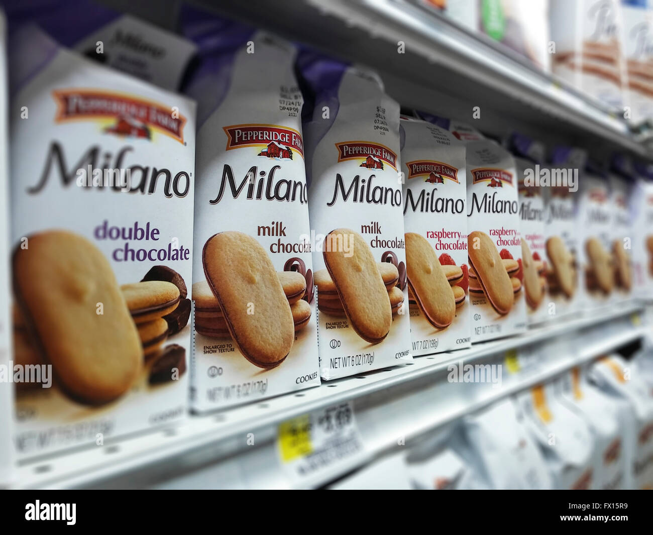 Pepperidge Farm Milano cookies are seen on a supermarket shelf on Tuesday, April 5, 2016.  Milano is the company's best selling cookie and Pepperidge Farms is a brand of the Campbell Soup Co. (© Richard B. Levine) Stock Photo