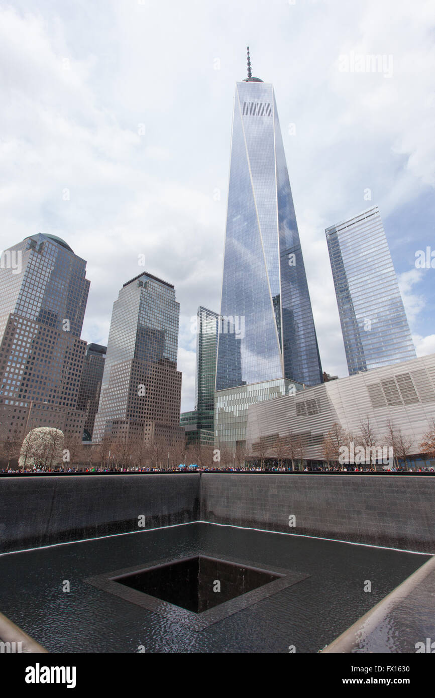 South pool, National September 11, 9/11 Memorial & Museum with the One World Trade center behind, New York City, America. Stock Photo