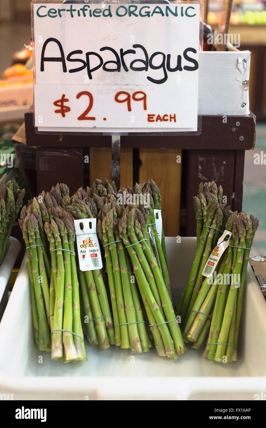 Fresh organic asparagus for sale at St Lawrence Market in Toronto Stock Photo
