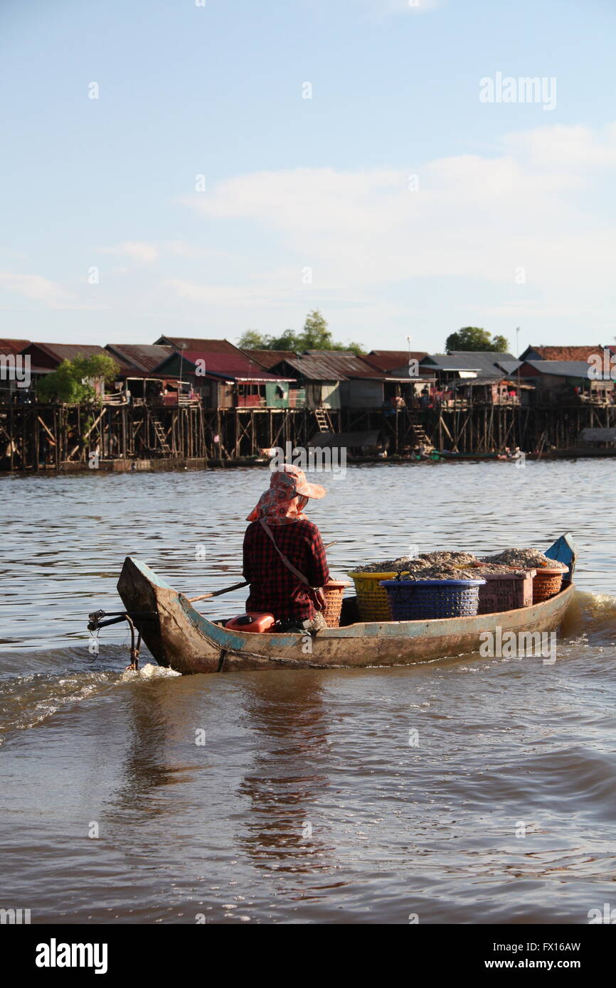 A woman taking fish by boat to the stilted villages on Tonle Sap lake, Cambodia Stock Photo