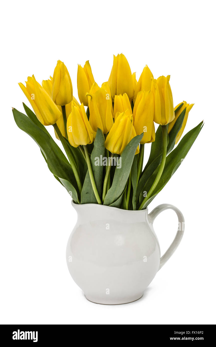 Bouquet from yellow tulips in vase, isolated on white background Stock ...
