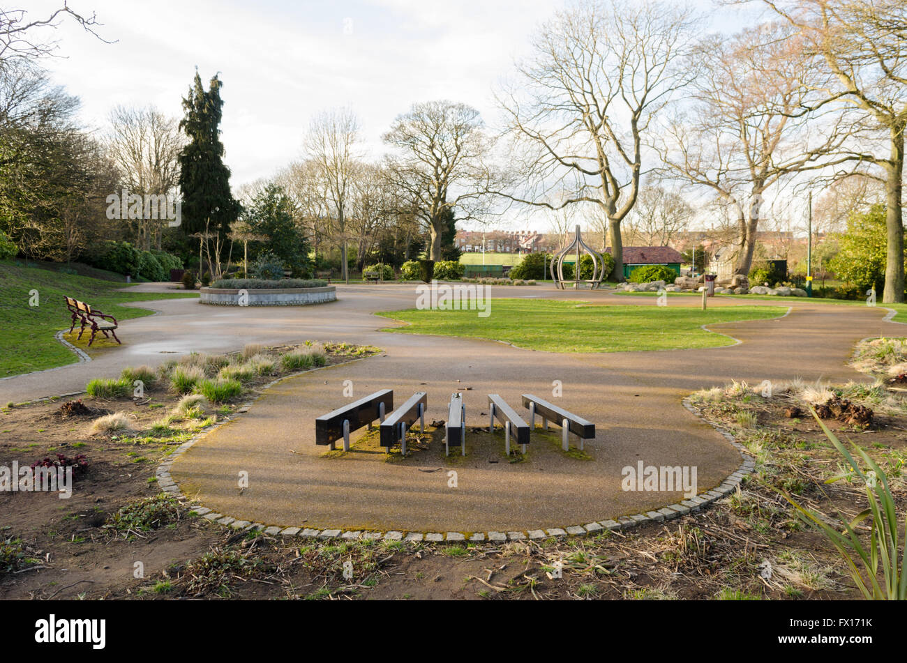 Large 'Step On' Xylophone and Overall View of 'The Sensory Garden' at Barnes Park, Sunderland Stock Photo