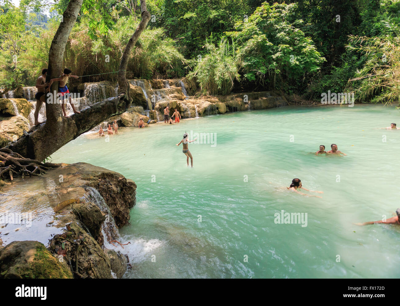 swimming in Luang Prabang Kansai falls in Laos Stock Photo
