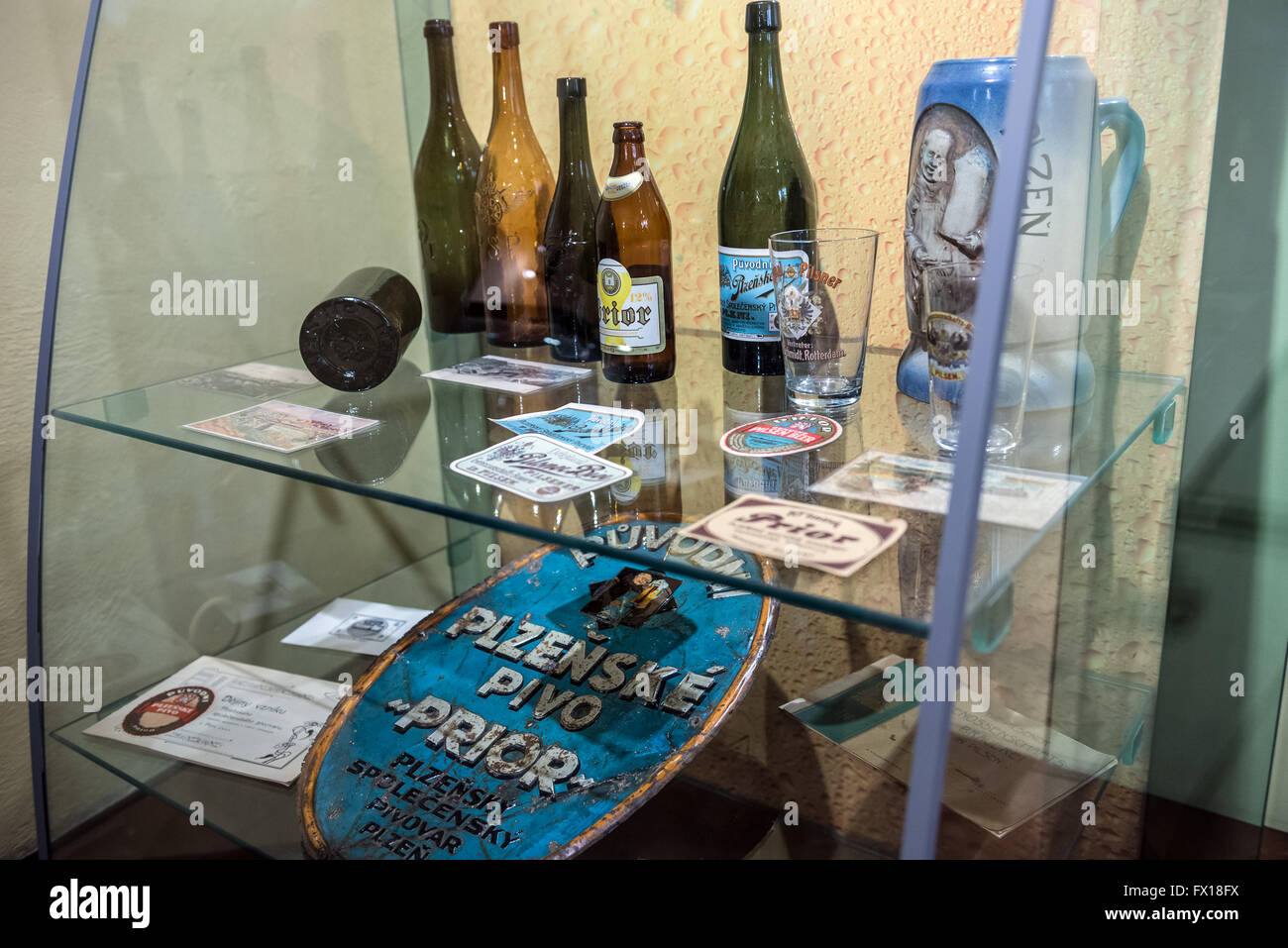 historic bottles and labels of Prior beer in Brewery Museum in Plzen (Pilsen) city, Czech Republic Stock Photo