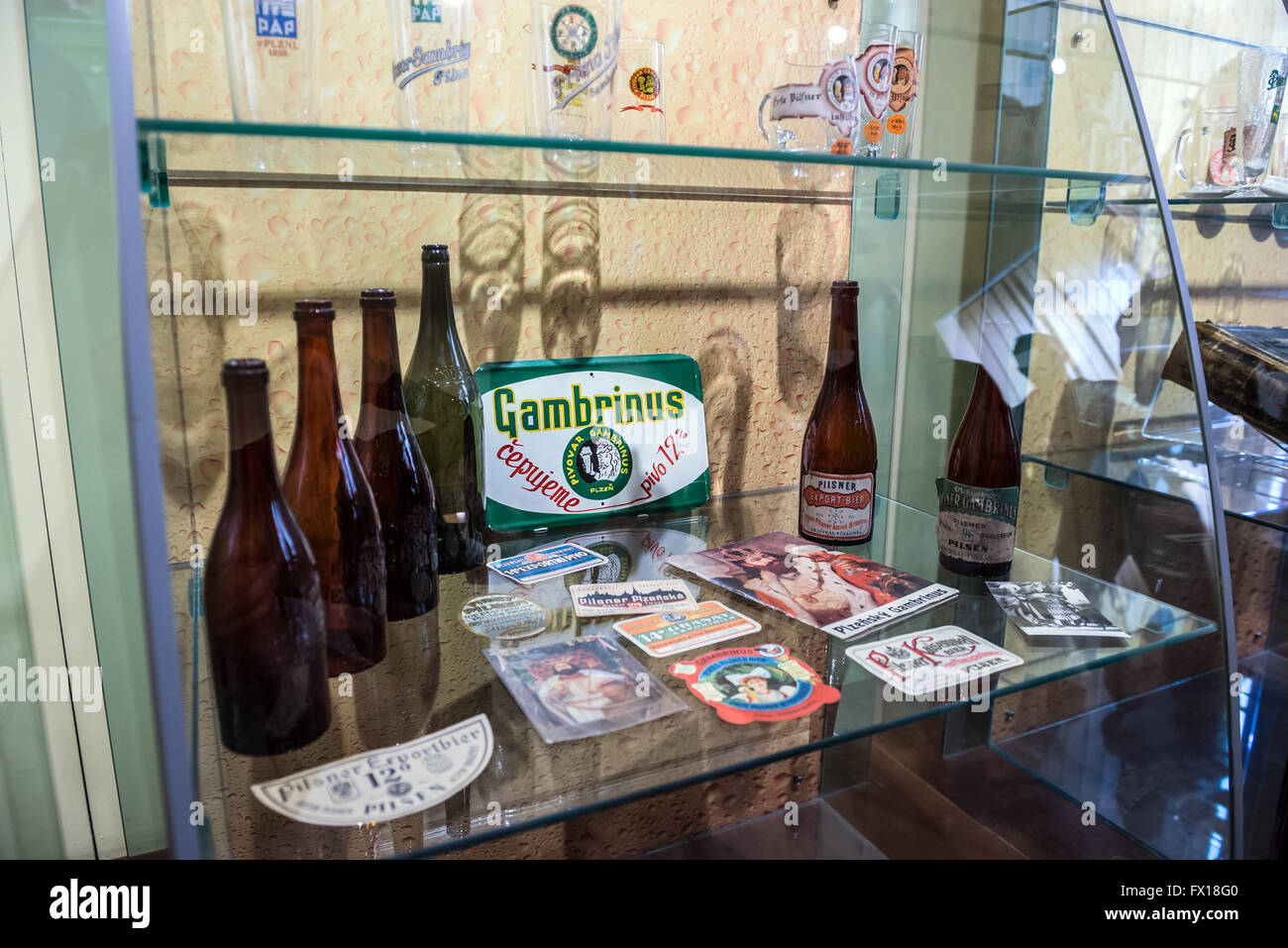historic bottles and labels of Gambrinus in Brewery Museum in Plzen (Pilsen) city, Czech Republic Stock Photo