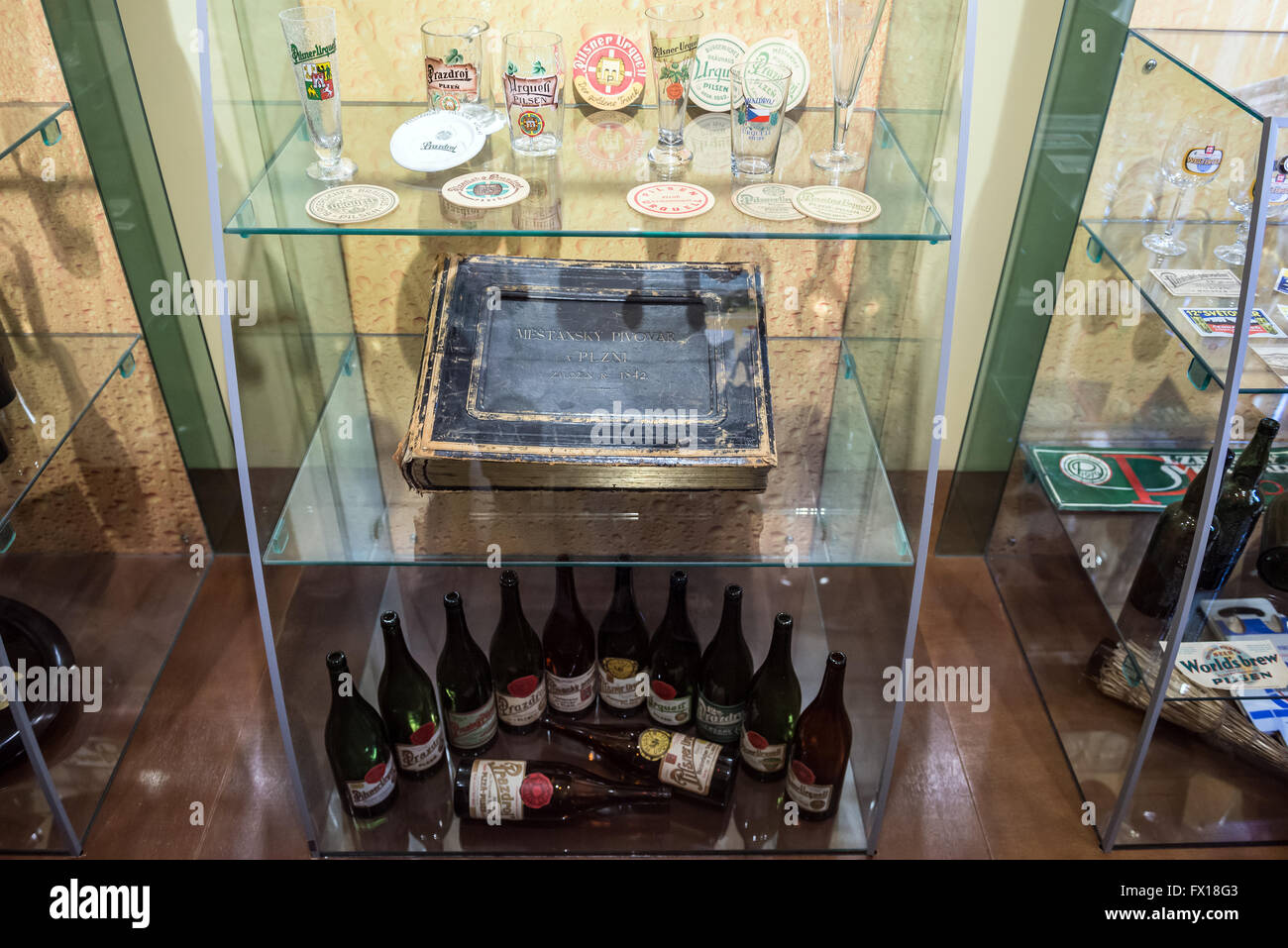 historic bottles and labels of Pilsner Urquell in Brewery Museum in Plzen (Pilsen) city, Czech Republic Stock Photo