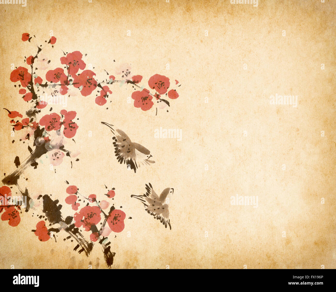 Traditional chinese painting Spring plum blossom and birds Stock Photo