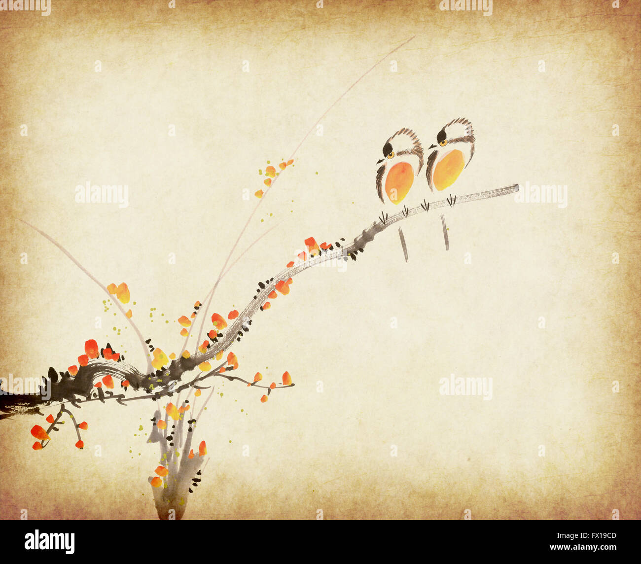 Traditional chinese painting plum bloom and two birds on old Paper Background Stock Photo