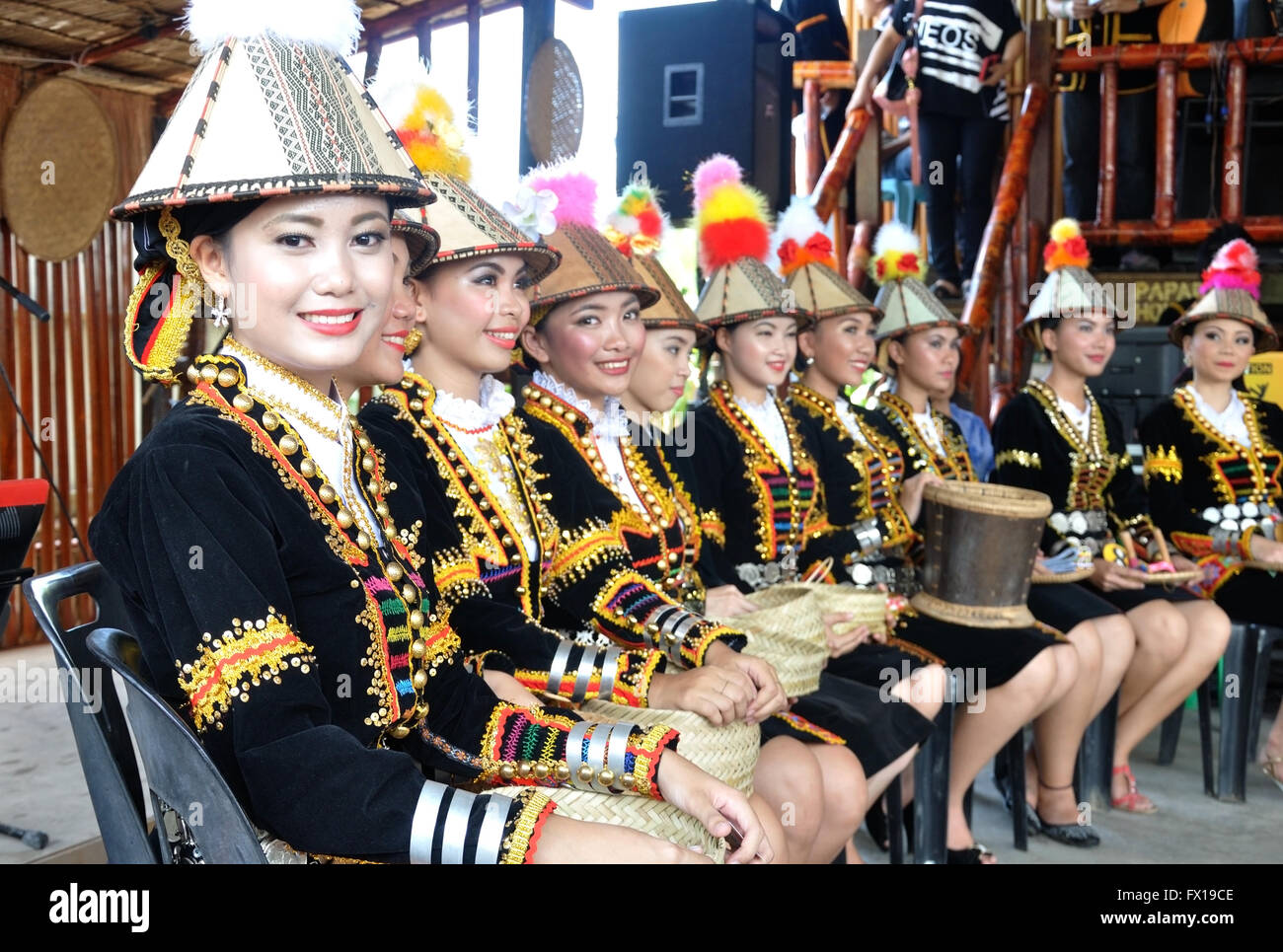 Kadazan Papar ladies in their traditional costume  during the Sabah State Harvest festival celeberation in Kota Kinabalu, Sabah. Stock Photo