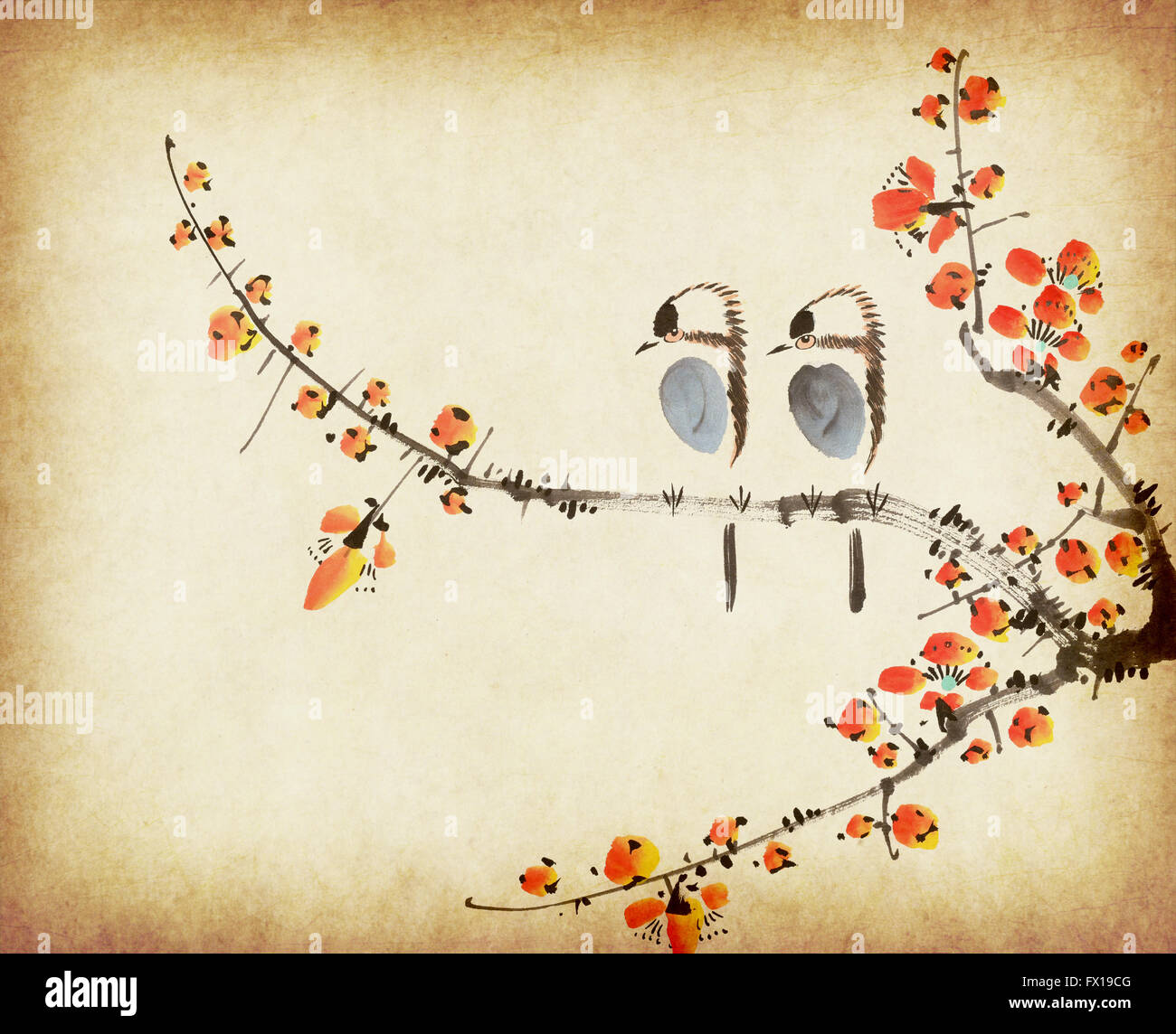 Traditional chinese painting plum bloom and two birds on old Paper Background Stock Photo