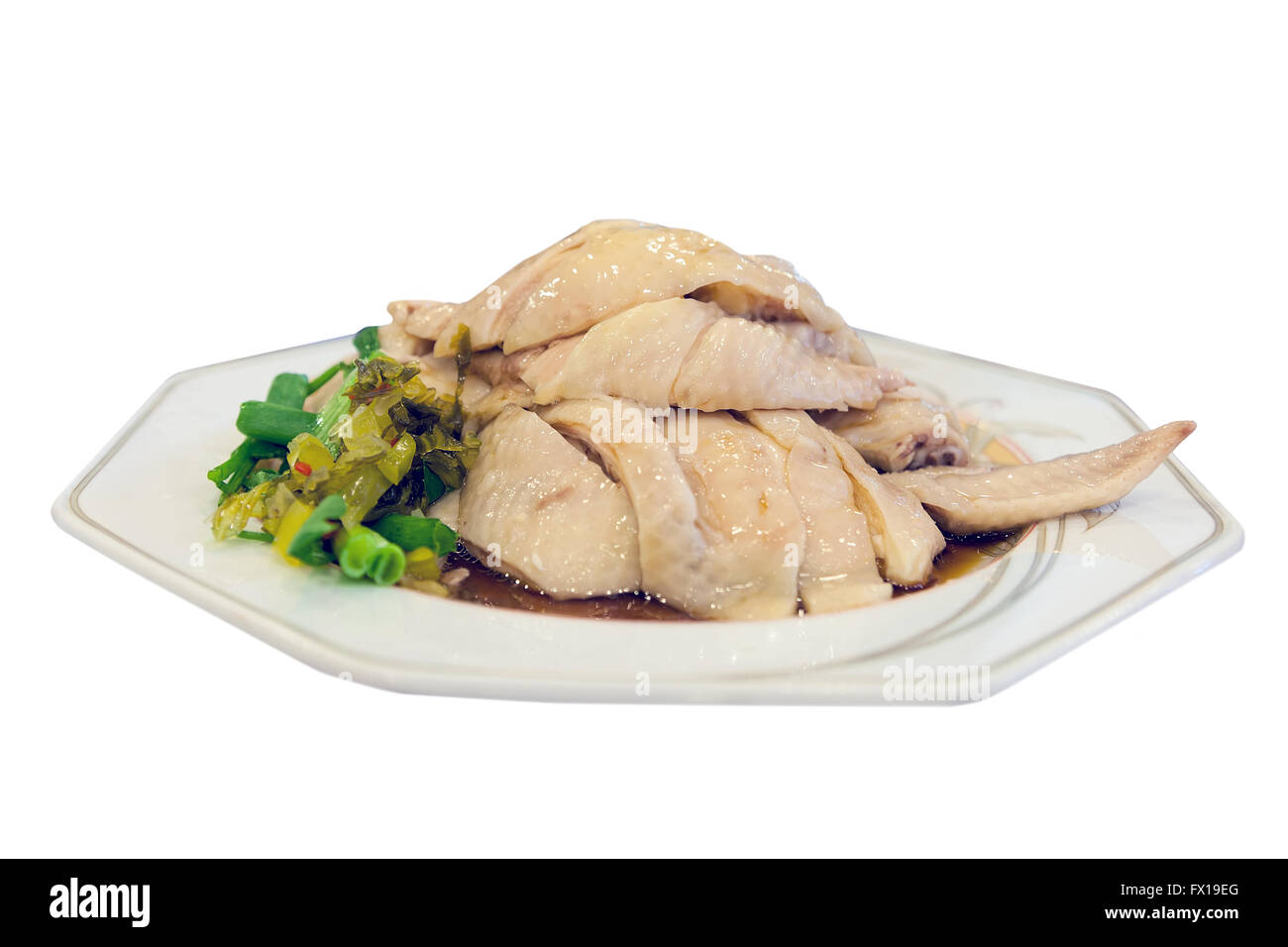 Hainanese Chicken Rice Dish with Condiments Closeup Macro Isolated on White Background Stock Photo