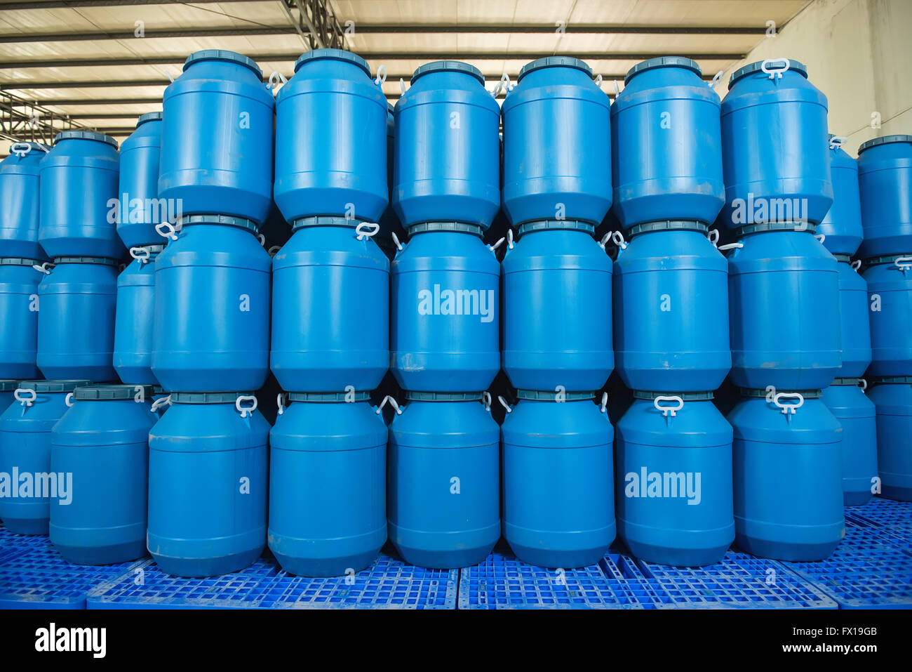 Blue Plastic barrels contain Stock Photo