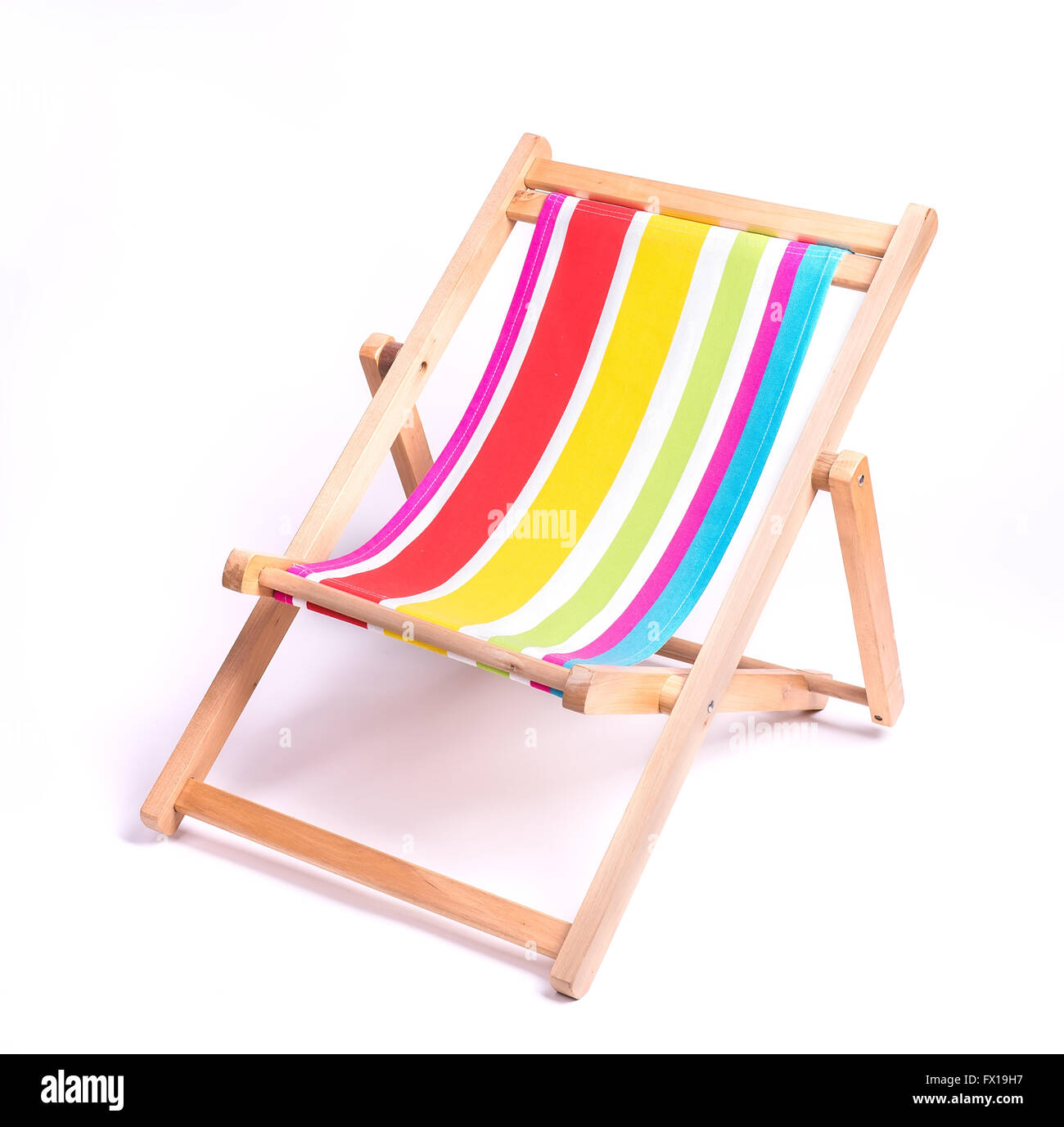 wooden striped deck chair isolated on white background Stock Photo
