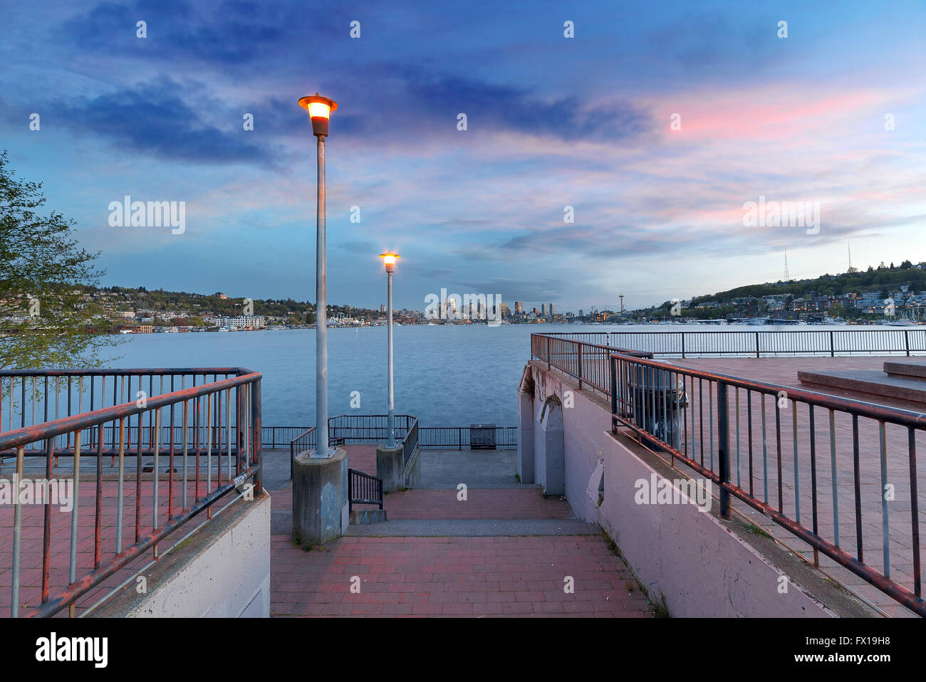 Gas Works Park with city skyline along Lake Union in Seattle Washington after sunset Stock Photo