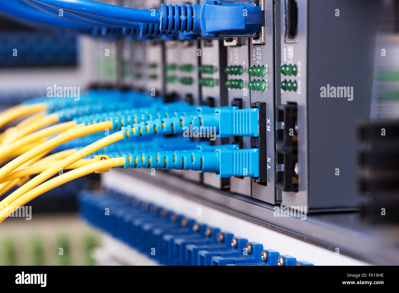 Fiber Optic cables connected to an optic ports and Network cables