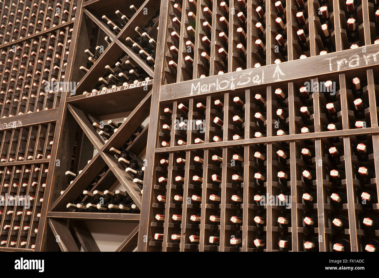Wine cellar with the bottles pilled in the walls Stock Photo