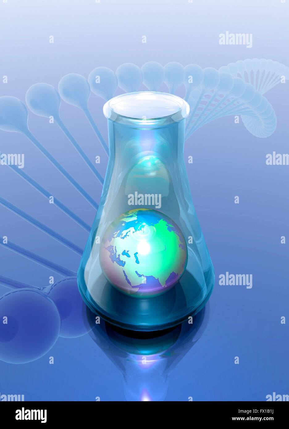 Chemical flask with globe, illustration. Stock Photo