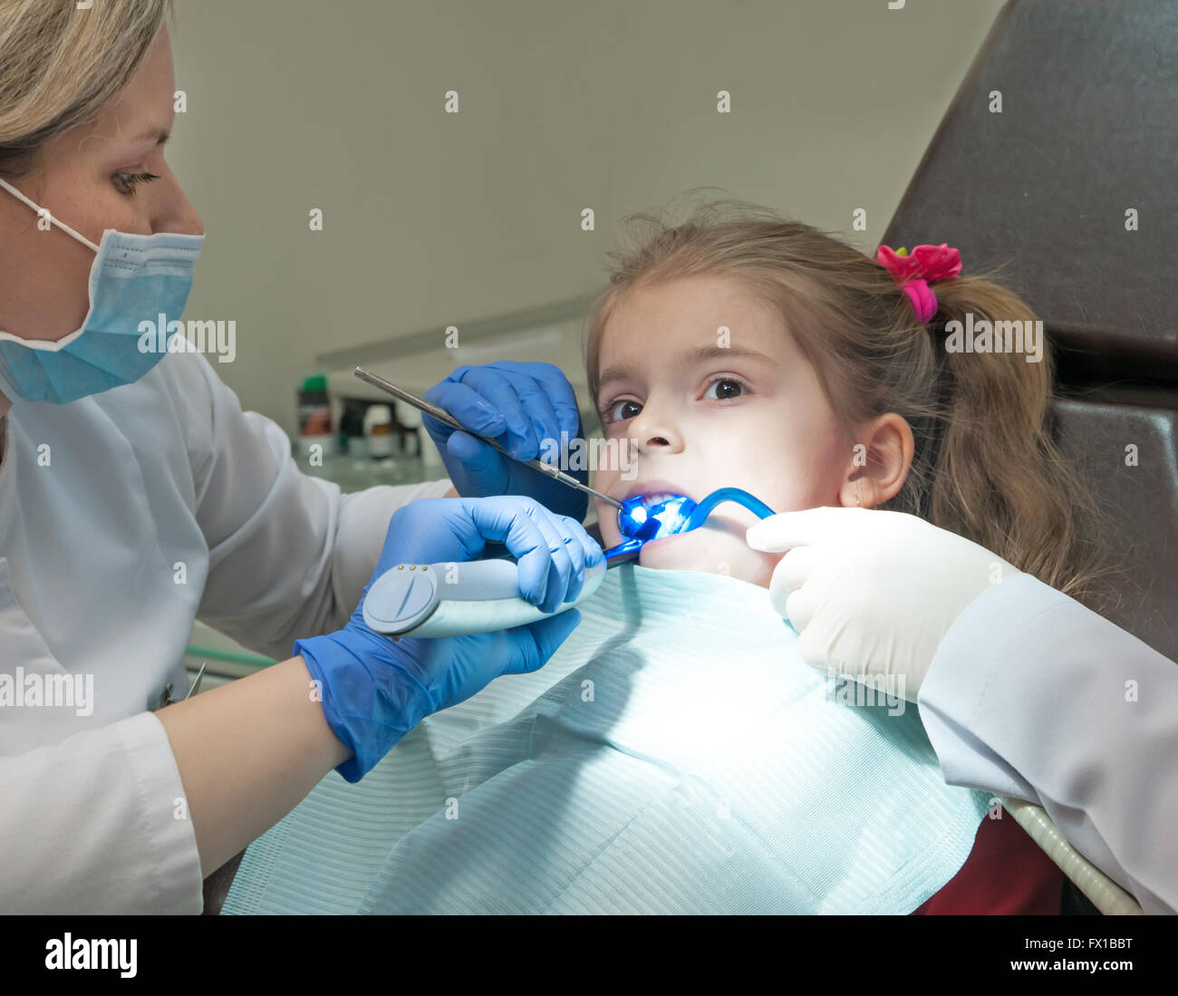 Mid section view of a dentist examining a girl teeth Stock Photo