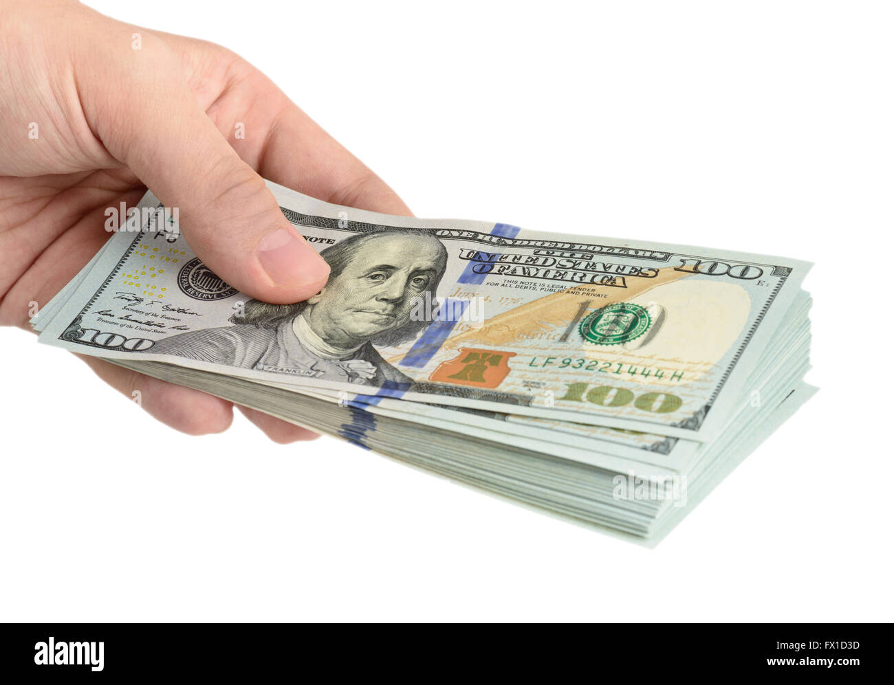 Hand with dollars isolated on white background Stock Photo