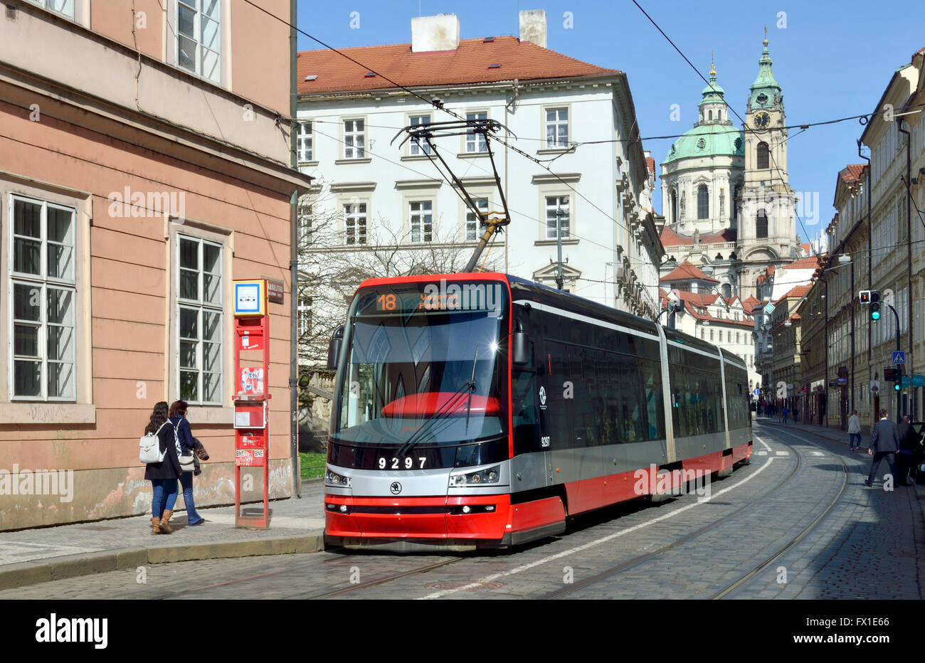 Prague, Czech Republic. Modern tram / streetcar (Škoda 15T / ForCity Alfa) in Ujezd (street) Stock Photo
