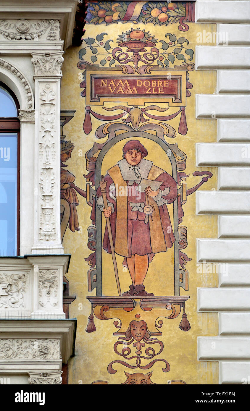 Prague, Czech Republic. Wiehluv dum (Wiehl's House; 1896, Antonín Wiehl) Vaclavske namesti (Wenceslas Square) Facade decoration Stock Photo