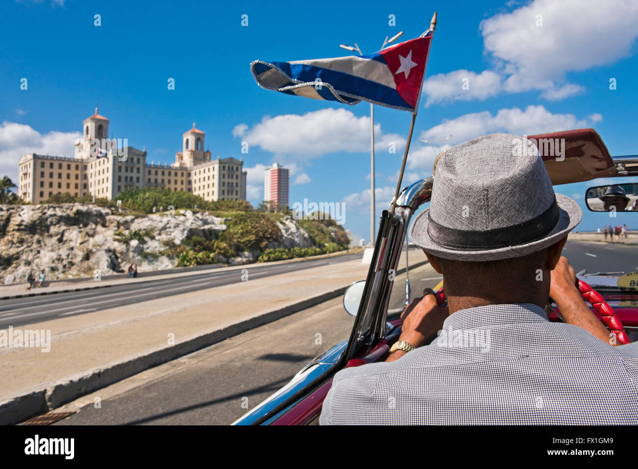 Horizontal view of the Hotel National from inside a classic American car in Havana, Cuba. Stock Photo