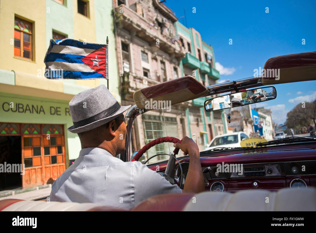 Horizontal view of old Havana from inside a classic American car, Cuba. Stock Photo